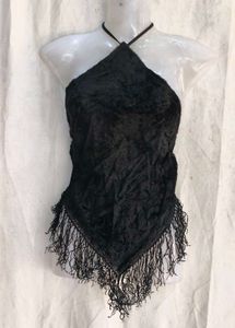 Black Halter Neck Fringe Top