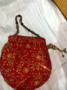 Red & Gold Embroidered Potli Bag