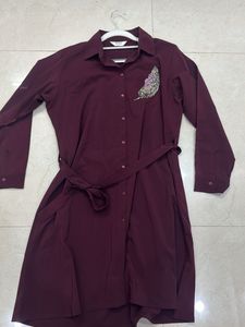 Maroon Shirt Dress with Embellishment