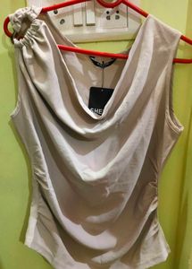 Cute Cowl Neck Sleeveless Ruched Metallic top