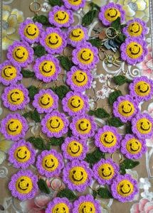 Crocheted Flower Smiley Face Keychain