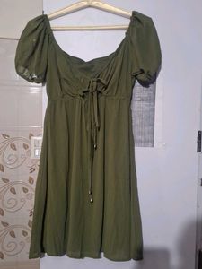 Olive Green Puff Sleeve Tie Front Dress