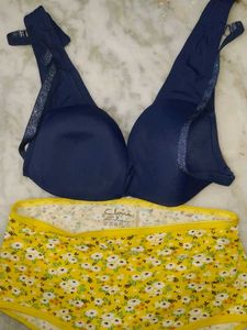 Navy Blue Bra & Floral Panty Set+ Free 2bra pant