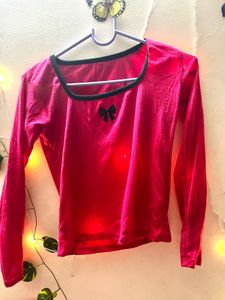 Cute Pink Ribbed Long Sleeve Top with Bow