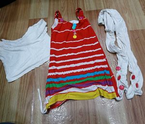 Girls Red Striped Dress & Leggings