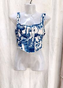 I. Blue &amp; White Botanical Print Crop Top