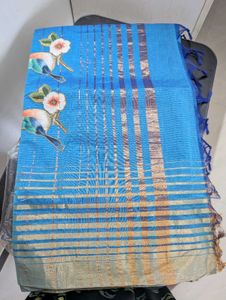 New Beautiful Blue Saree with Bird Print
