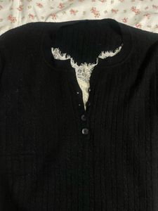 Black Long Sleeve Knit Top with Lace Detail