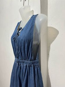 Denim Midi Dress with Tie Neck