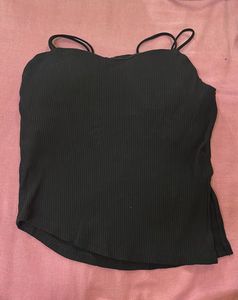 Ribbed Side Slit Black Camisole Top