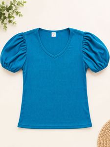 Blue Puff Sleeve V-Neck Top