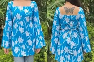 Blue Floral Print Kurta with Bell Sleeves