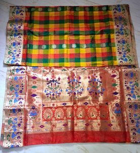 Vibrant Checked Silk Saree with Peacock Border