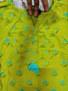 Lime Green Printed Cotton Kurti with Tassel Detail