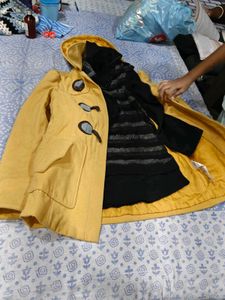 Yellow Hooded Duffle Coat with Striped Top winters