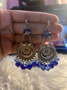 Stunning Blue Beaded Jhumka Earrings