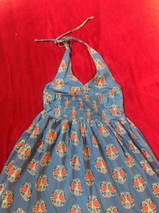 Blue Halter Neck Dress with Print