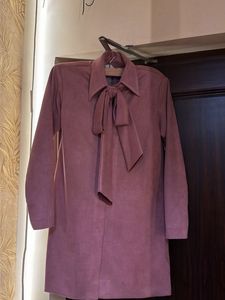 Suede Tie-Neck Long Sleeve Coat