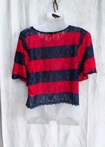 Red &amp; Navy Striped Lace Top