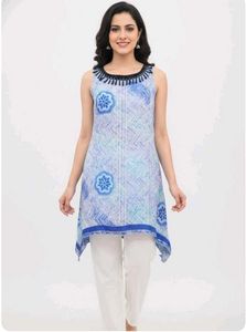 Stylish Blue Printed Sleeveless Kurta with bottom
