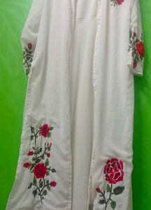 White Embroidered Floral sleeveless gown with shru