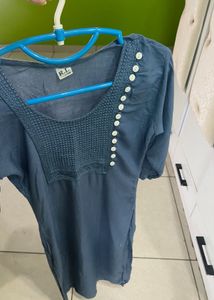 Stylish Denim Blue Kurti – Embroidered Front