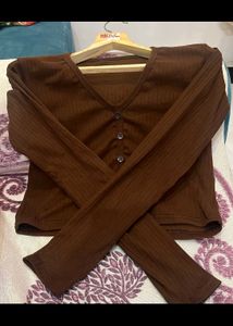 retro Brown Ribbed V-Neck full sleeve crop Top