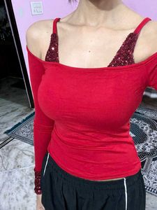 Red Off-Shoulder Top with Sequins