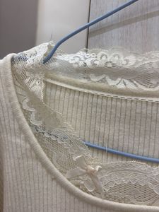 Cream Ribbed Lace Trim Top