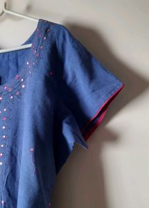 Blue cotton real mirror work Kurta with bottom