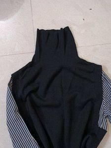 Black Turtleneck Dress with Striped Sleeves