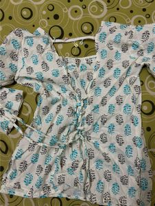 White Kurta with Blue &amp; Grey Print