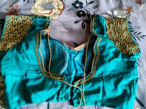 Teal Saree with Gold Border,bridal heavy sare