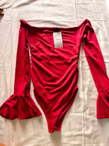 Red Off-Shoulder Ruffle Sleeve Bodysuit