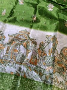 Vintage Style Green &amp; White Printed Silk Saree