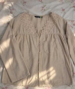 ⊹♡ Beige Lace-Collar Button-Up Blouse 🤎🌷