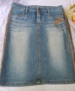 light-wash denim mini/midi skirt