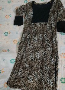 Leopard Print Kurta with Lace Sleeves