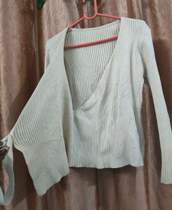 Ribbed Wrap-Style Long Sleeve Top
