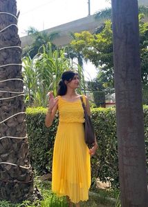 Vibrant Yellow Pleated Midi Dress
