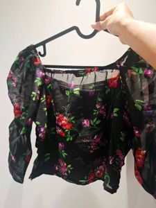 Sheer Floral Puff Sleeve Crop Top