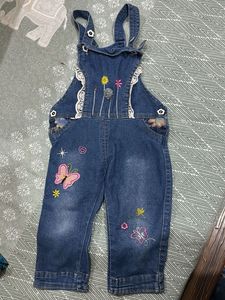 Cute Denim Overalls with Butterfly & Flower Embroi