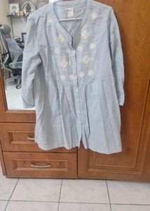 Powder Blue Embroidered Cotton Short Kurti