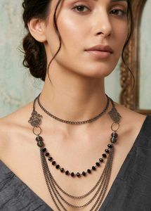 Layered Black Bead &amp; Chain Necklace