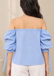 Blue Off-Shoulder Puff Sleeve Crop Top