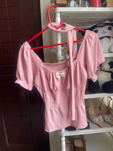 Cute Pink Puff Sleeve Top with Bow Detail
