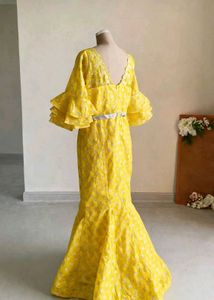 Elegant Yellow Lace Evening Gown