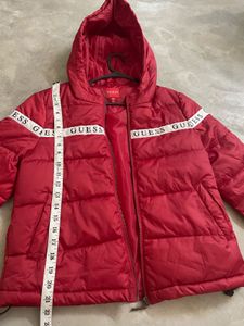 Red Guess Puffer Jacket with Logo Tape