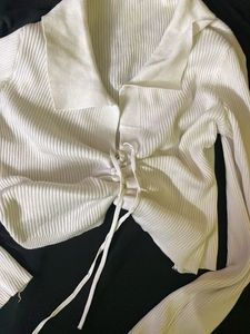 Ribbed White Collared Knit Top