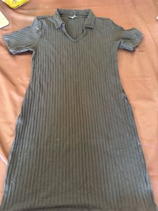 Ribbed Knit Collared V-Neck Dress